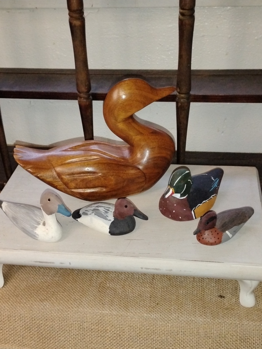 Vintage 5 Hand-Carved Wooden Ducks Décor W/ Painted Duck Figurines Duckcore